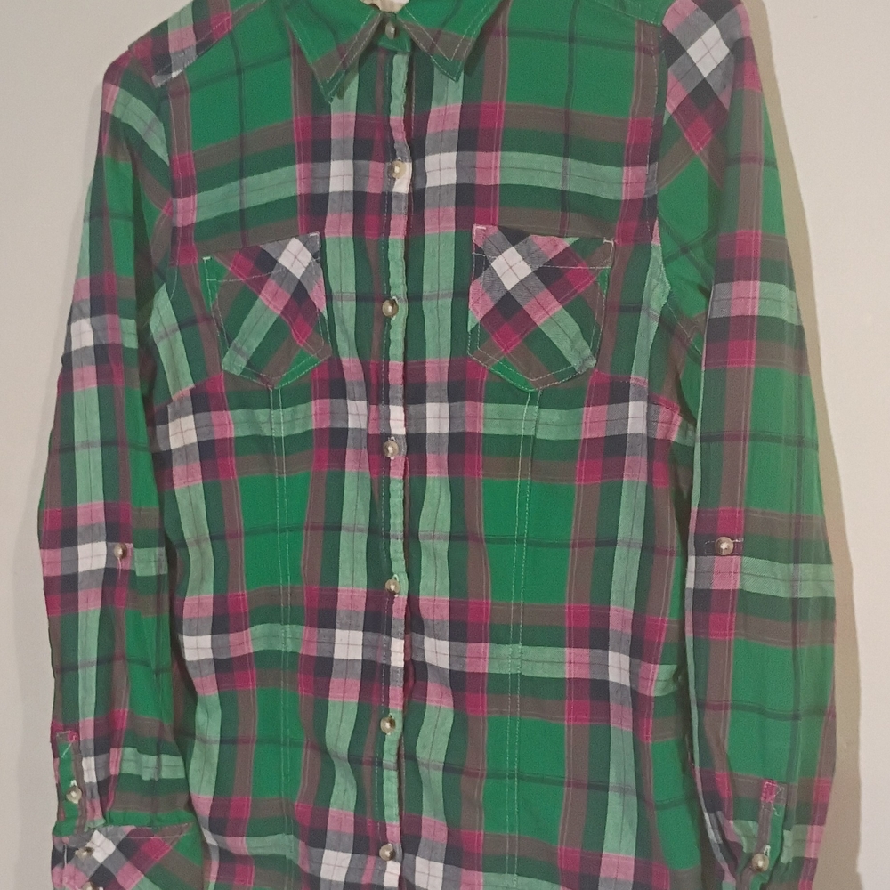 SO Junior's Girl's 100% Cotton Plaid Button Down Flannel Shirt Size Large